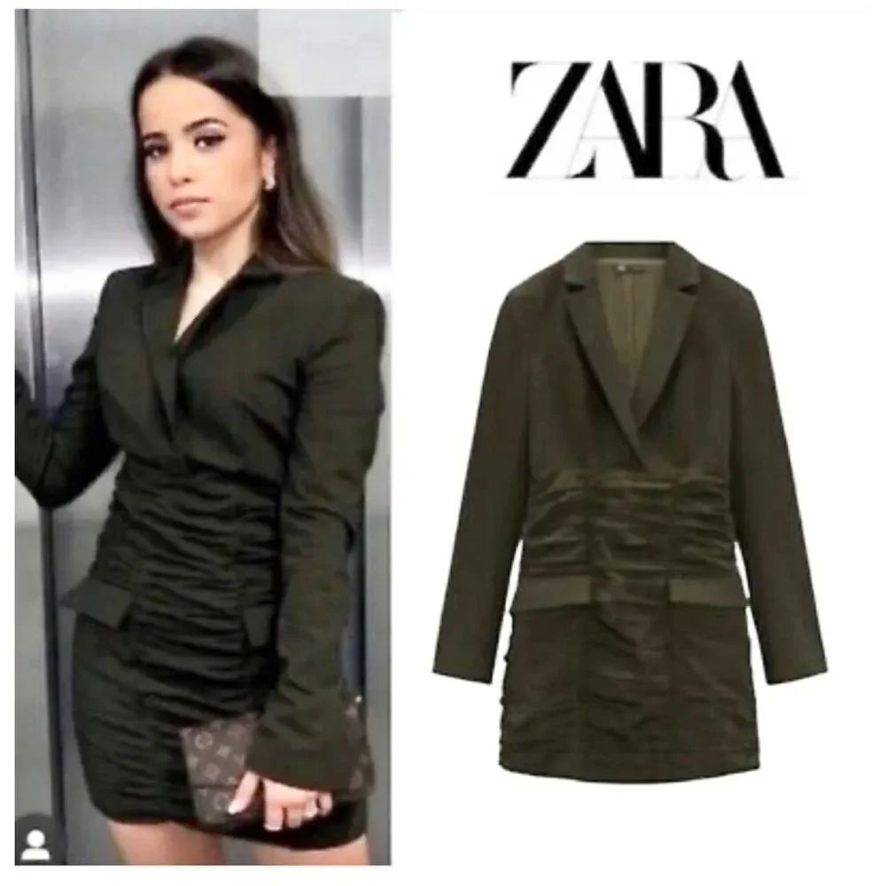 Zara Dark Olive Green Ruched Draped Blazer Mini Dress XS